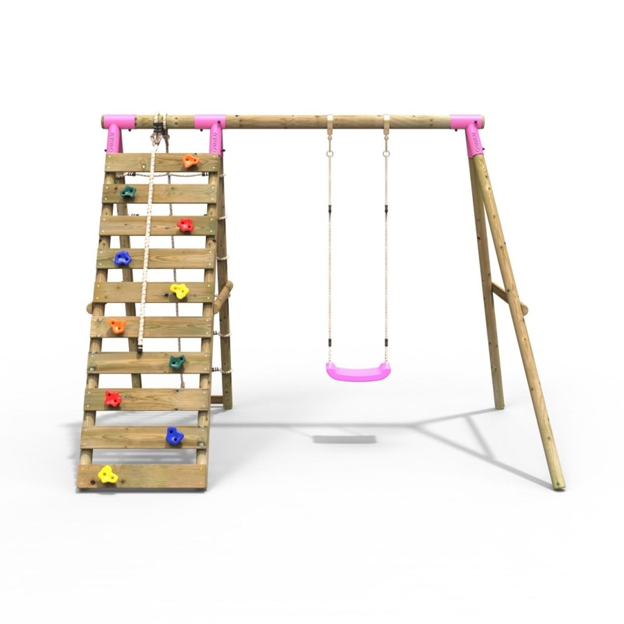 Swings OutdoorToys Wooden Swings | Rebo Wooden Swing Set With Up And Over Climbing Wall - Aria Pink