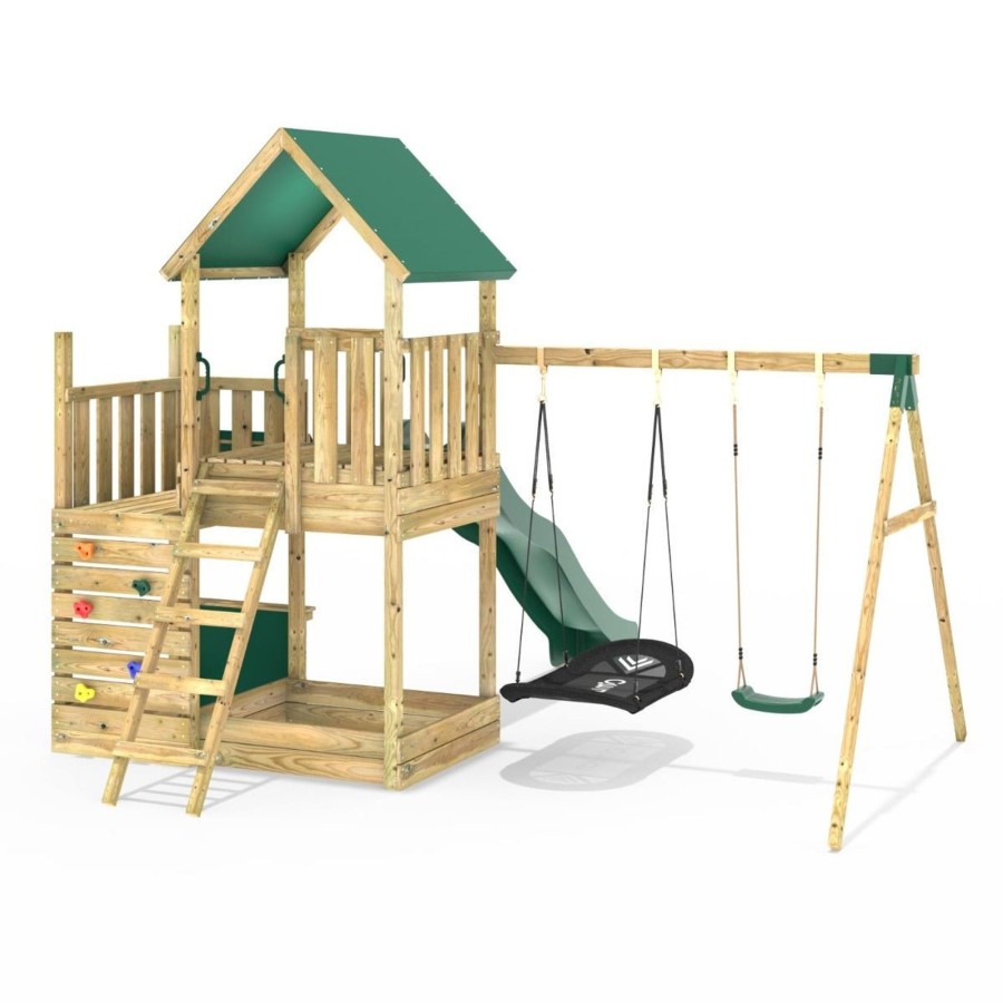 Climbing Frames OutdoorToys Climbing Frames With Rock Walls | Rebo Modular Wooden Climbing Frame Adventure Playset - M3 Plus Shop & Double Swing