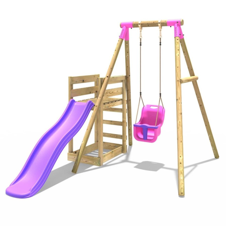 Swings OutdoorToys Wooden Swings | Rebo Wooden Swing Set Plus Deck & Slide - Pluto Pink