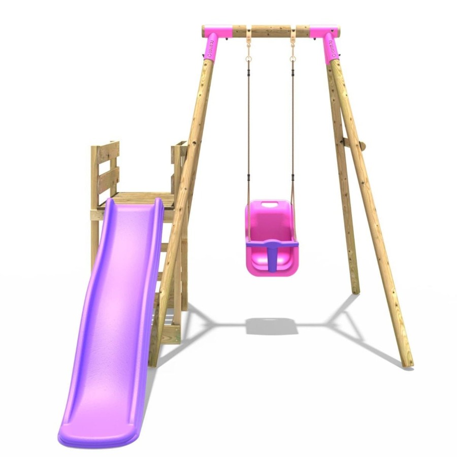 Swings OutdoorToys Wooden Swings | Rebo Wooden Swing Set Plus Deck & Slide - Pluto Pink