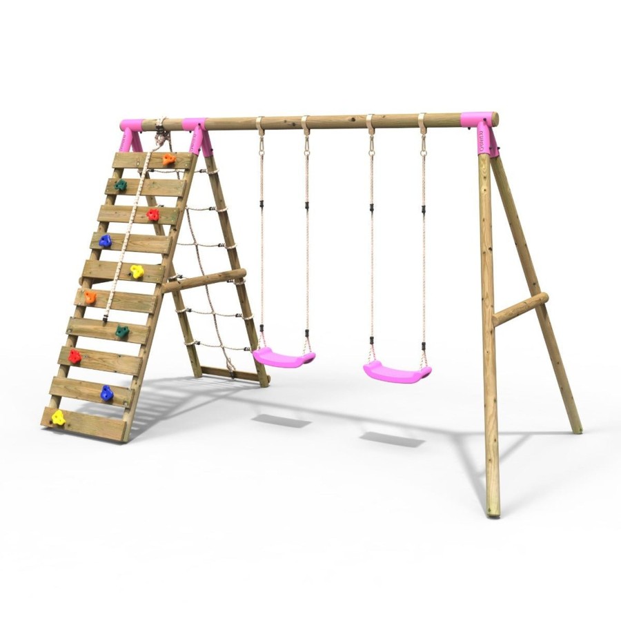 Swings OutdoorToys Wooden Swings | Rebo Wooden Swing Set With Up And Over Climbing Wall - Ela Pink