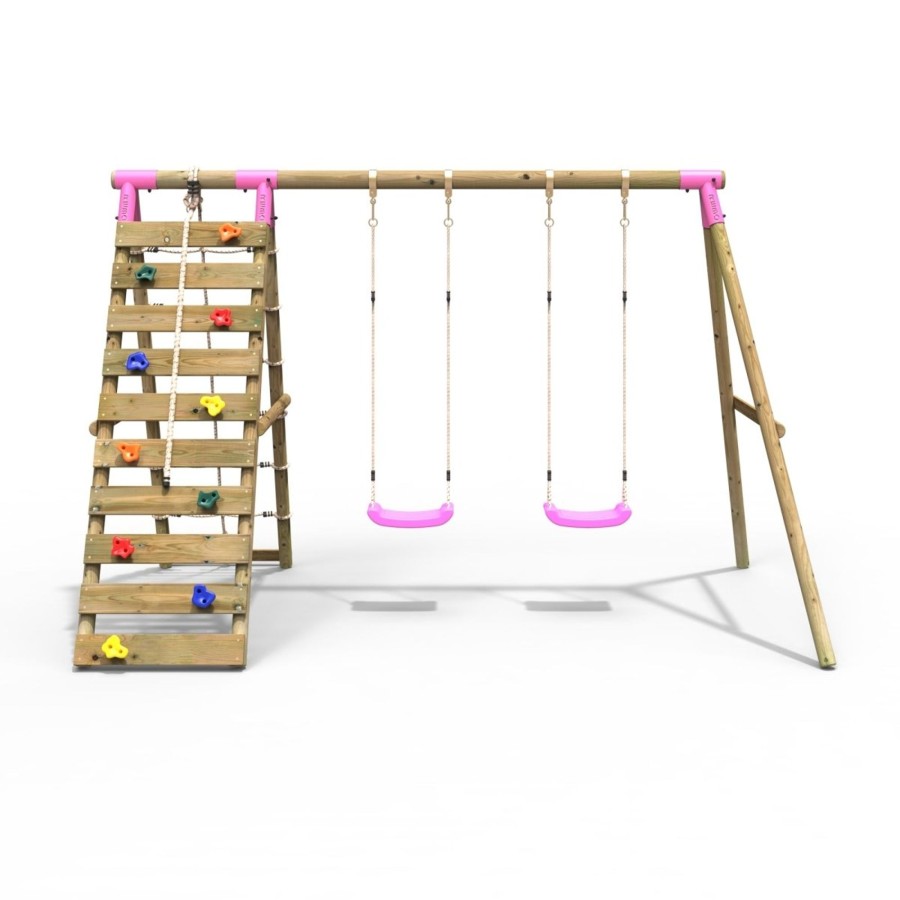 Swings OutdoorToys Wooden Swings | Rebo Wooden Swing Set With Up And Over Climbing Wall - Ela Pink