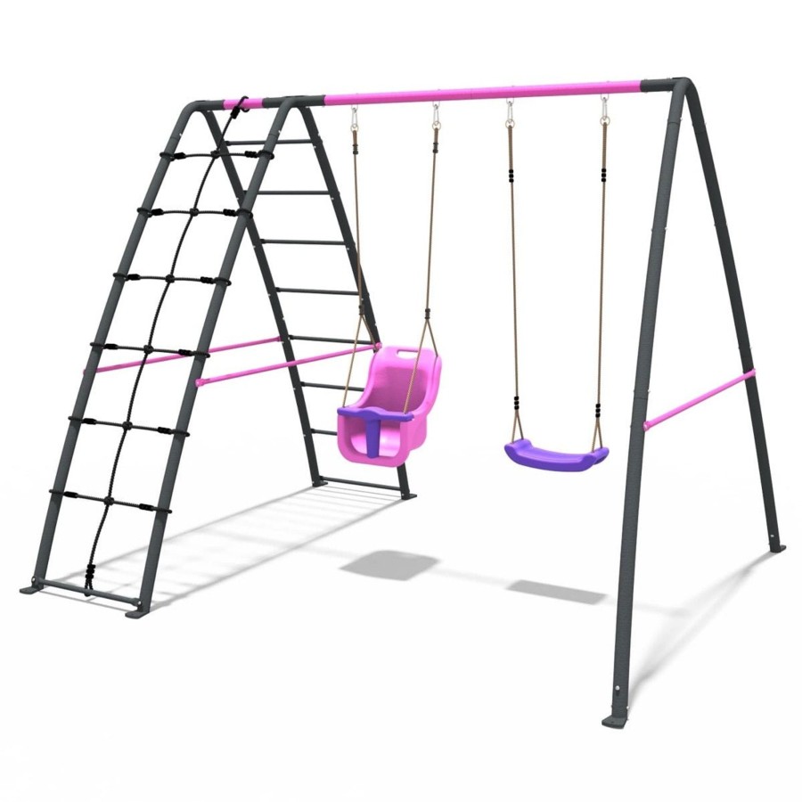 Swings OutdoorToys Metal Swing Sets | Rebo Steel Series Metal Swing Set With Up And Over Wall - Double Swing Pink