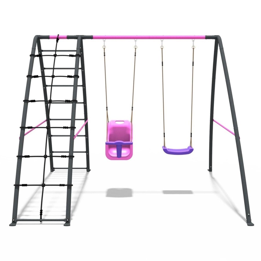 Swings OutdoorToys Metal Swing Sets | Rebo Steel Series Metal Swing Set With Up And Over Wall - Double Swing Pink