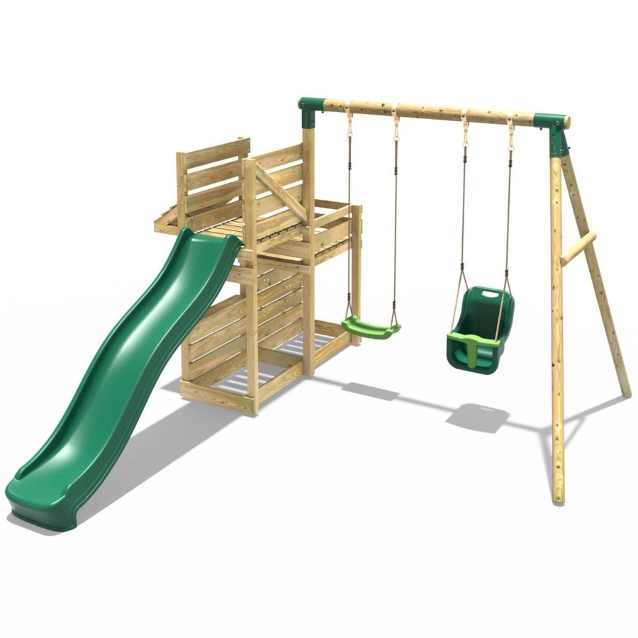 Swings OutdoorToys Swings With Climbing Walls | Rebo Wooden Swing Set With Deluxe Add On Deck & 8Ft Slide - Luna Green