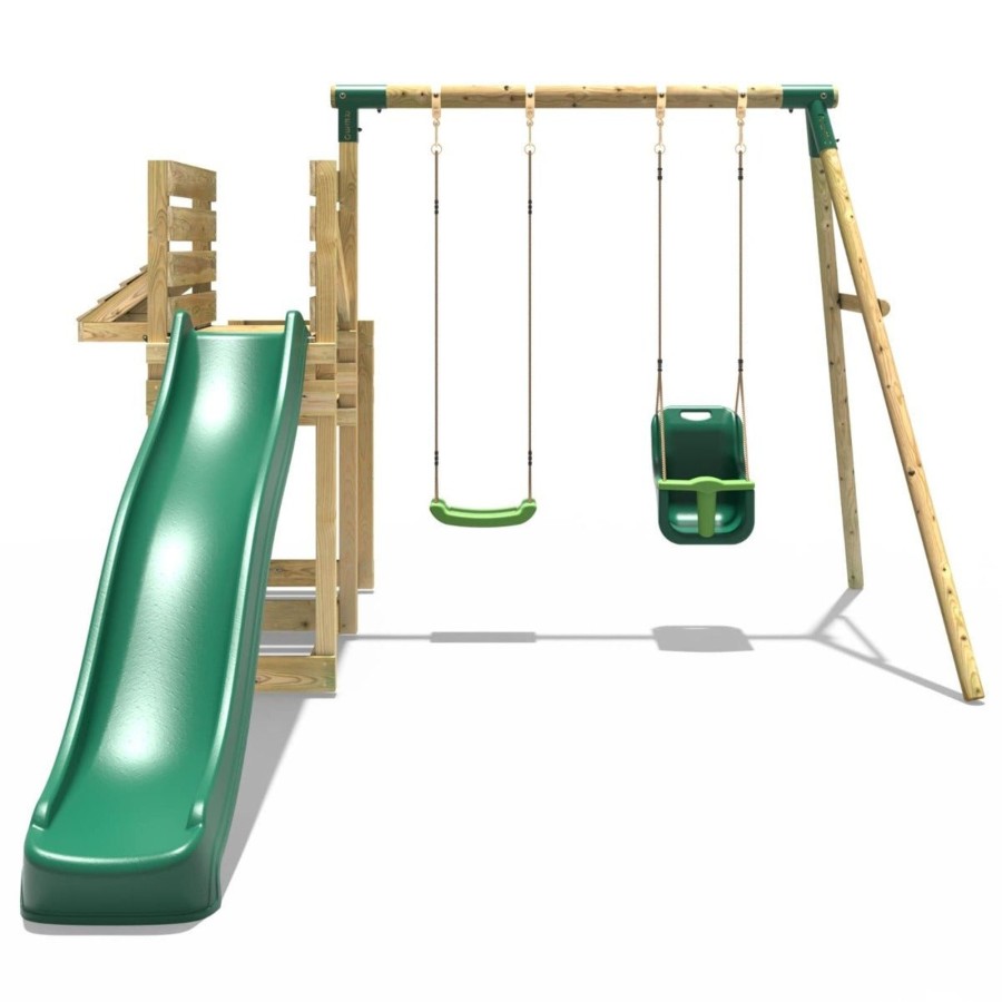 Swings OutdoorToys Swings With Climbing Walls | Rebo Wooden Swing Set With Deluxe Add On Deck & 8Ft Slide - Luna Green