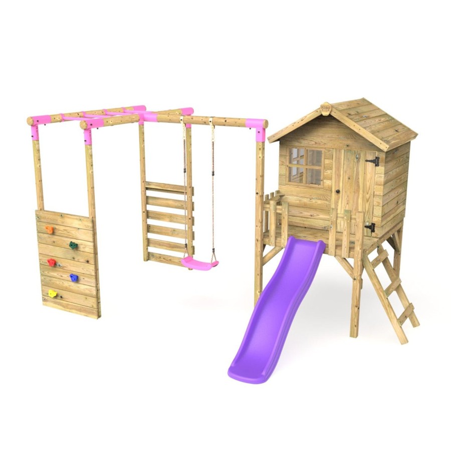 Playhouses OutdoorToys Playhouse With MonOnline Bars | Rebo Orchard 4Ft Wooden Playhouse, Swings, Monkey Bars, Deck & 6Ft Slide Solar Purple