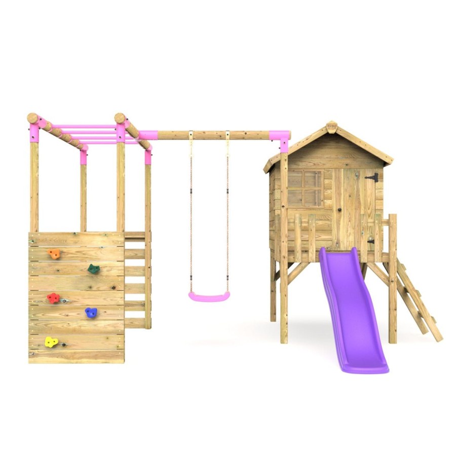 Playhouses OutdoorToys Playhouse With MonOnline Bars | Rebo Orchard 4Ft Wooden Playhouse, Swings, Monkey Bars, Deck & 6Ft Slide Solar Purple