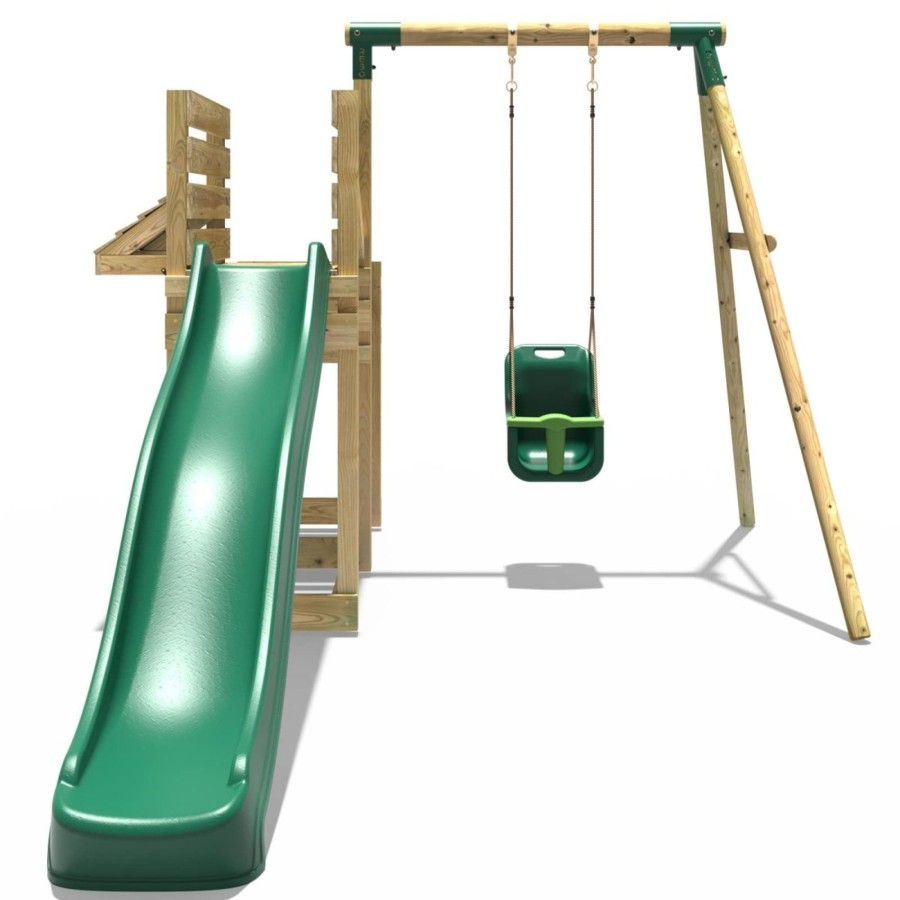 Swings OutdoorToys Wooden Swings | Rebo Wooden Swing Set With Deluxe Add On Deck & 8Ft Slide - Pluto Green