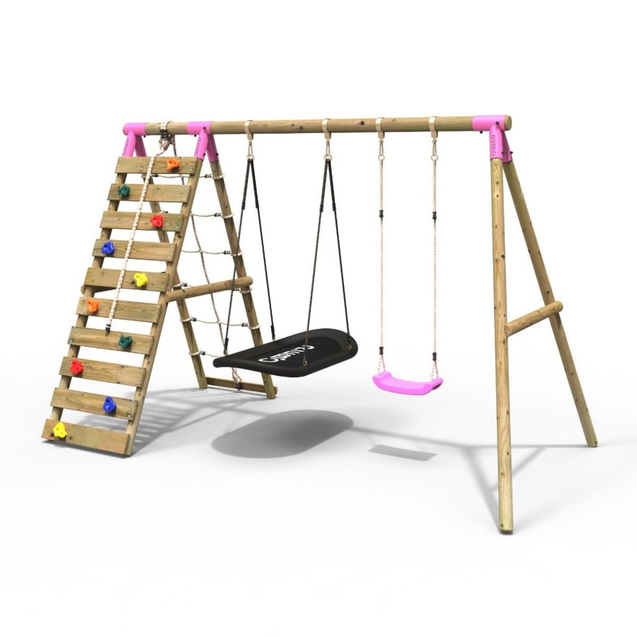 Swings OutdoorToys Wooden Swings | Rebo Wooden Swing Set With Up And Over Climbing Wall - Sage Pink