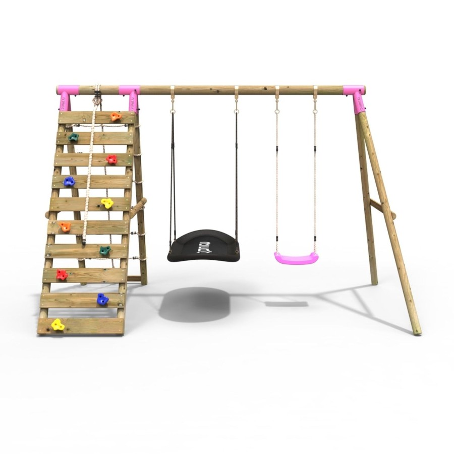 Swings OutdoorToys Wooden Swings | Rebo Wooden Swing Set With Up And Over Climbing Wall - Sage Pink