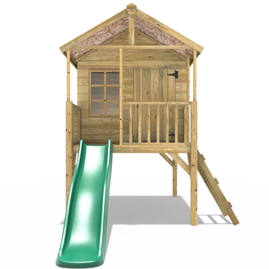 Playhouses OutdoorToys Playhouses With Slides | Rebo 5Ft X 5Ft Childrens Wooden Garden Playhouse On Deck With 6Ft Slide - Partridge Green