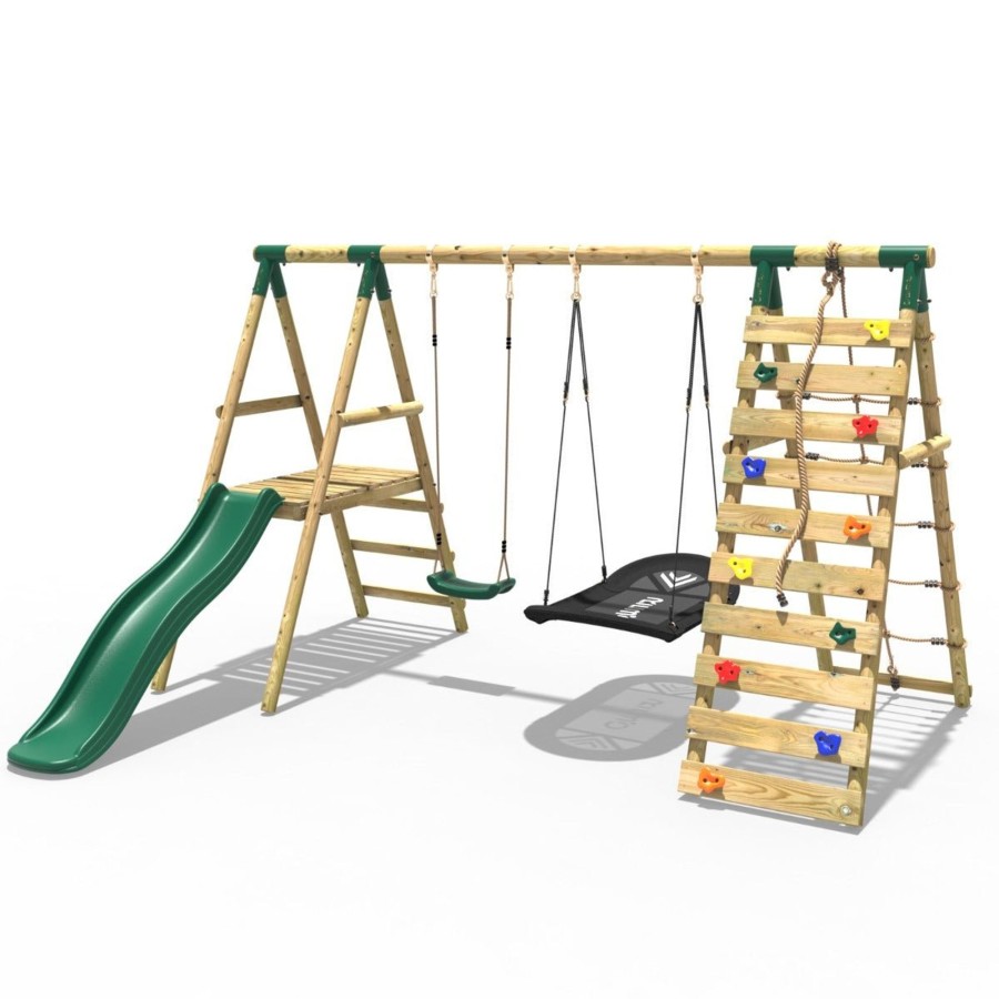 Swings OutdoorToys Wooden Swings | Rebo Wooden Swing Set With Deck And Slide Plus Up And Over Climbing Wall - Quartz Green