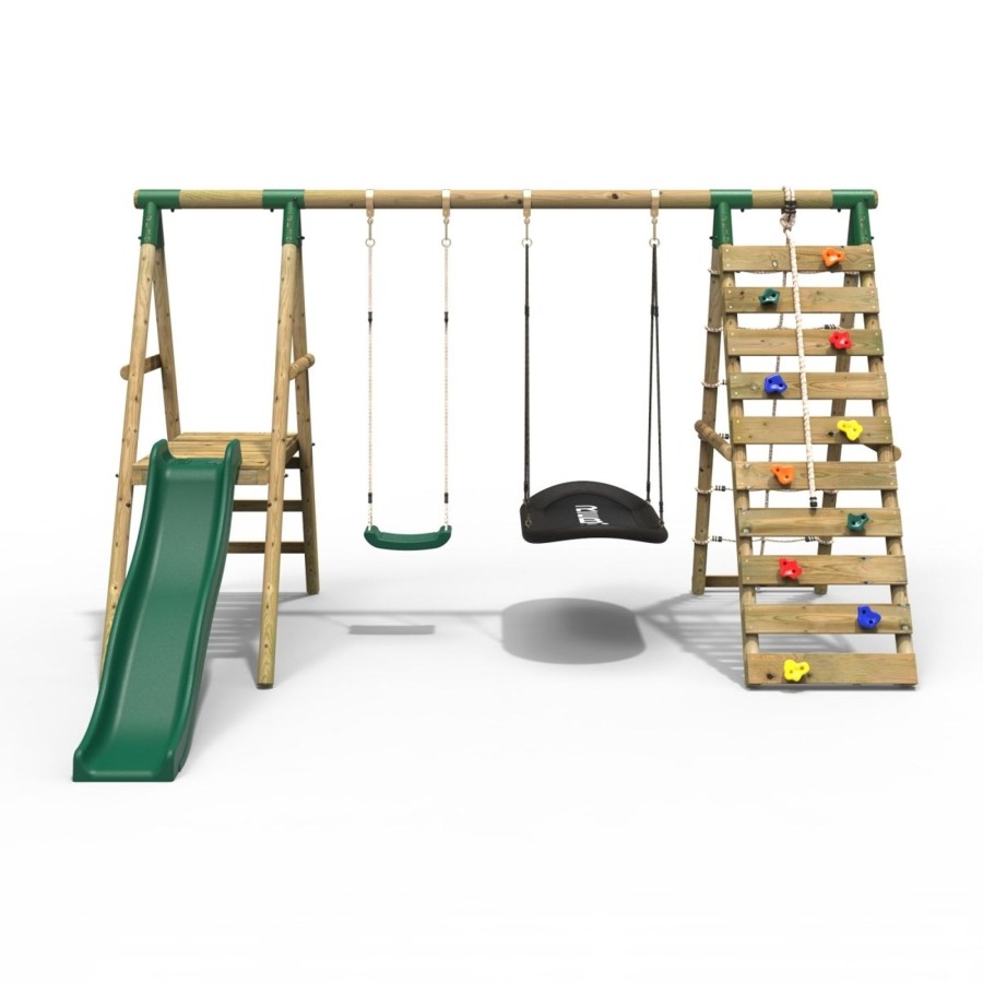 Swings OutdoorToys Wooden Swings | Rebo Wooden Swing Set With Deck And Slide Plus Up And Over Climbing Wall - Quartz Green