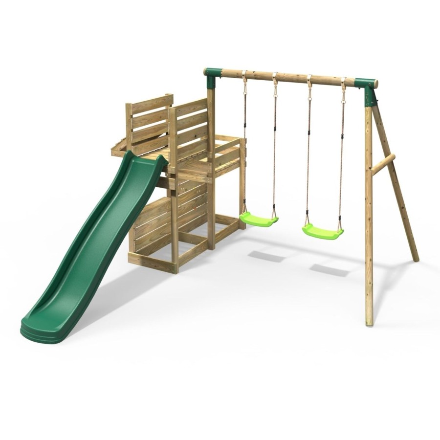 Swings OutdoorToys Wooden Swings | Rebo Wooden Swing Set With Deluxe Add On Deck & 8Ft Slide - Venus Green