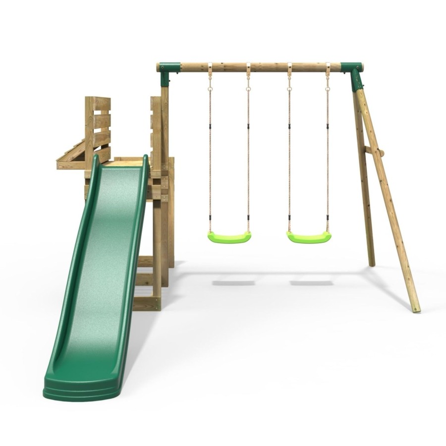 Swings OutdoorToys Wooden Swings | Rebo Wooden Swing Set With Deluxe Add On Deck & 8Ft Slide - Venus Green