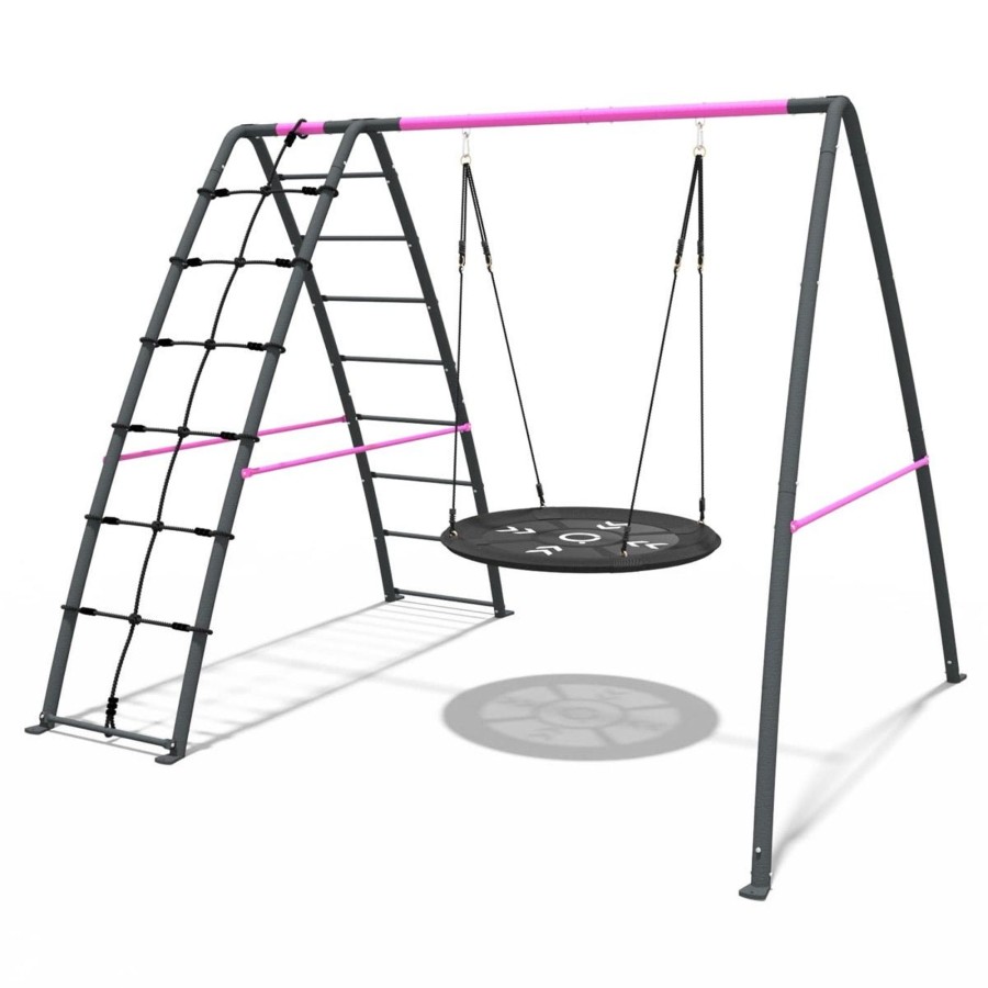 Swings OutdoorToys Metal Swing Sets | Rebo Steel Series Metal Swing Set With Up And Over Wall - Nest Swing Pink