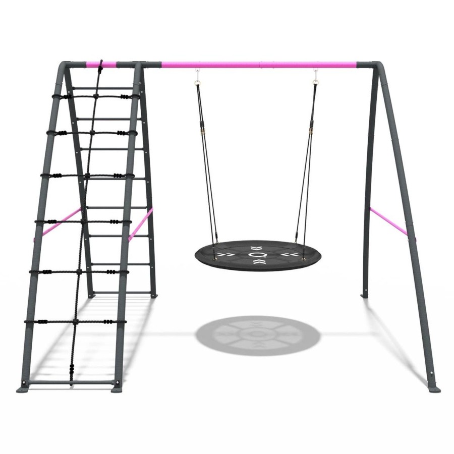 Swings OutdoorToys Metal Swing Sets | Rebo Steel Series Metal Swing Set With Up And Over Wall - Nest Swing Pink