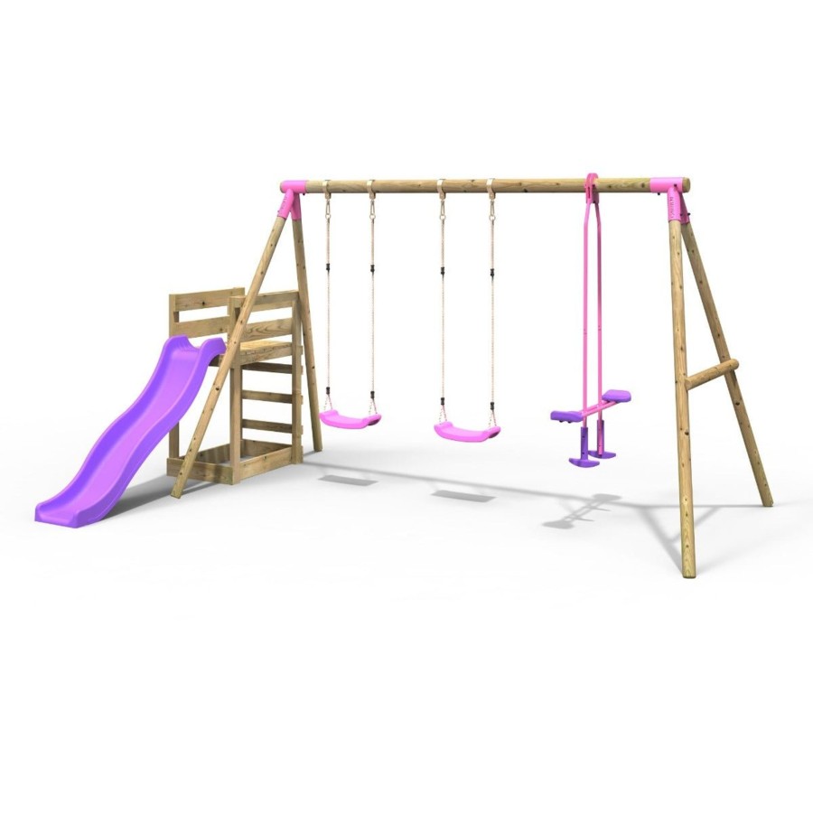 Swings OutdoorToys Wooden Swings | Rebo Wooden Swing Set Plus Deck & Slide - Neptune Pink