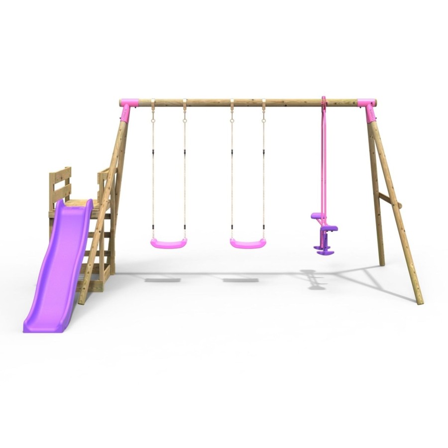 Swings OutdoorToys Wooden Swings | Rebo Wooden Swing Set Plus Deck & Slide - Neptune Pink