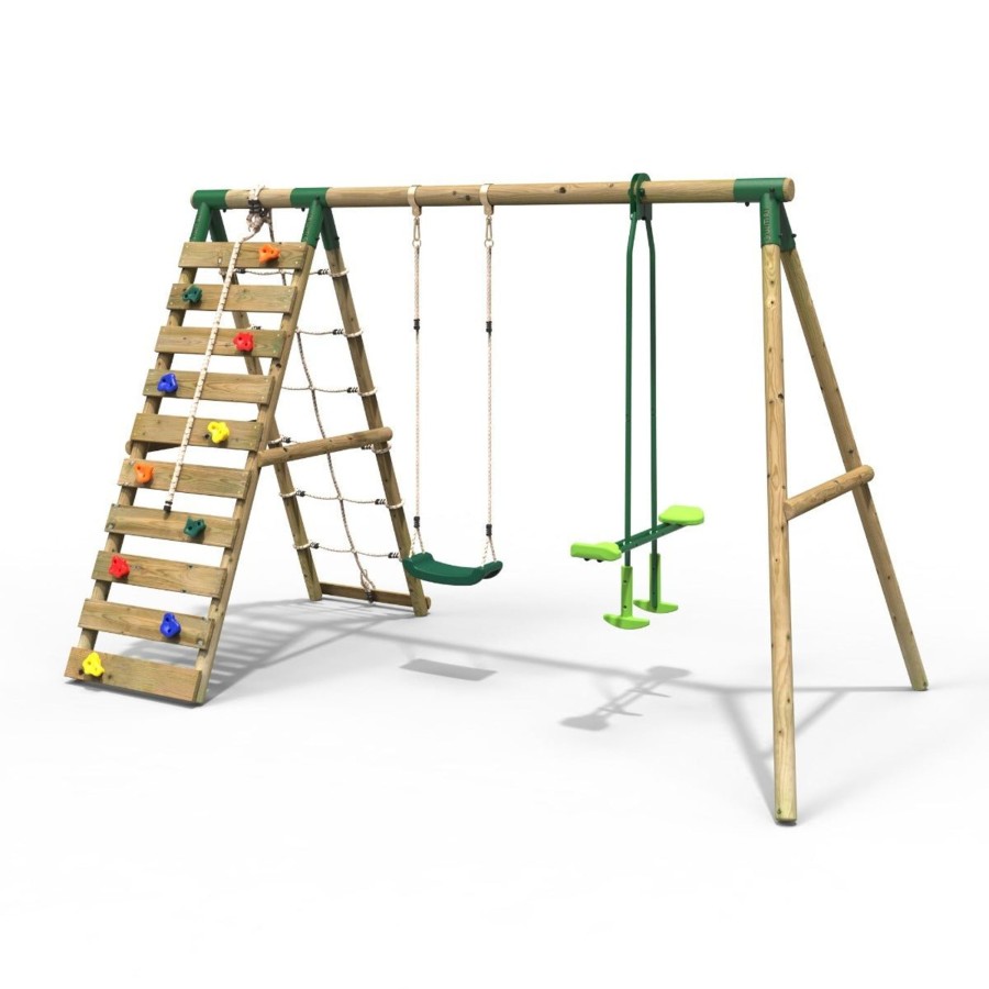 Swings OutdoorToys Wooden Swings | Rebo Wooden Swing Set With Up And Over Climbing Wall - Isla Green