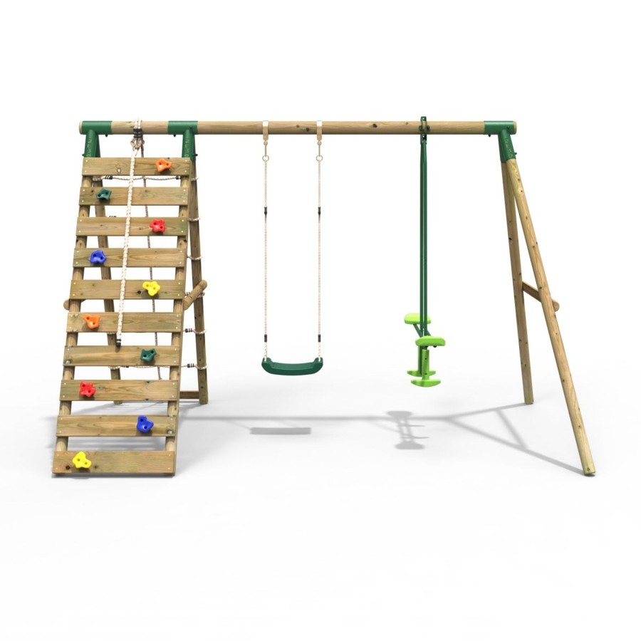 Swings OutdoorToys Wooden Swings | Rebo Wooden Swing Set With Up And Over Climbing Wall - Isla Green