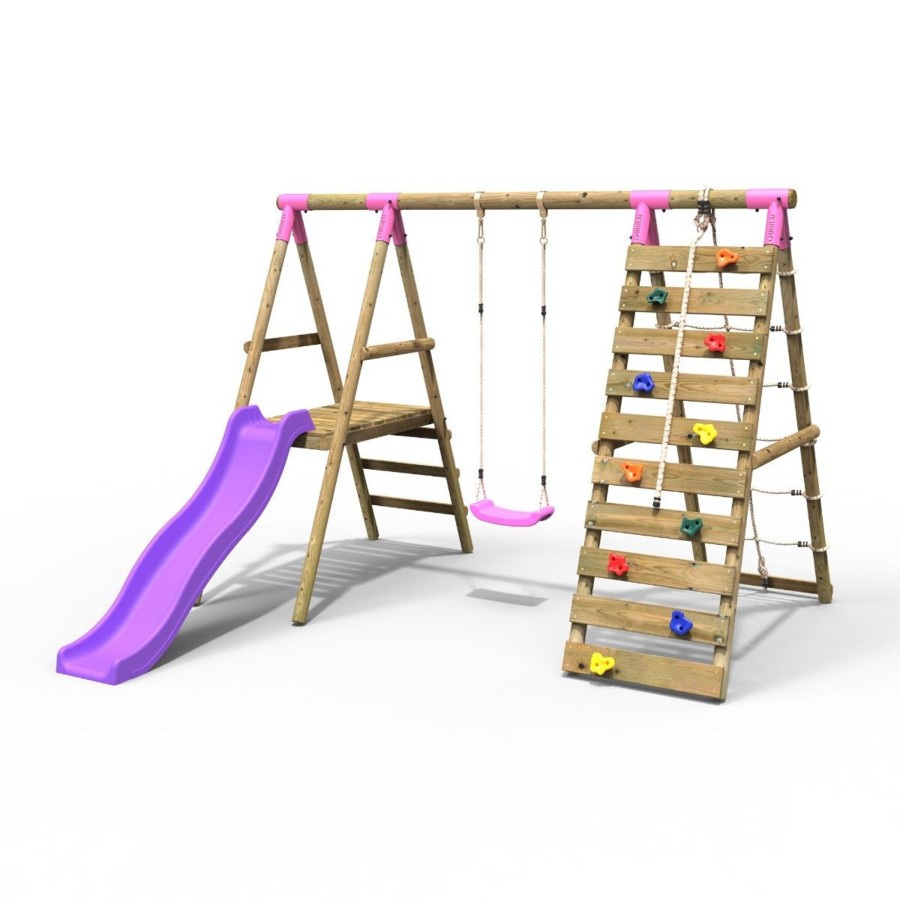 Swings OutdoorToys Wooden Swings | Rebo Wooden Swing Set With Deck, Slide & Climbing Wall - Amber Pink