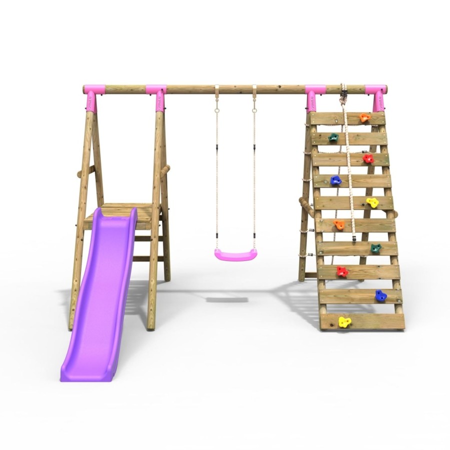 Swings OutdoorToys Wooden Swings | Rebo Wooden Swing Set With Deck, Slide & Climbing Wall - Amber Pink