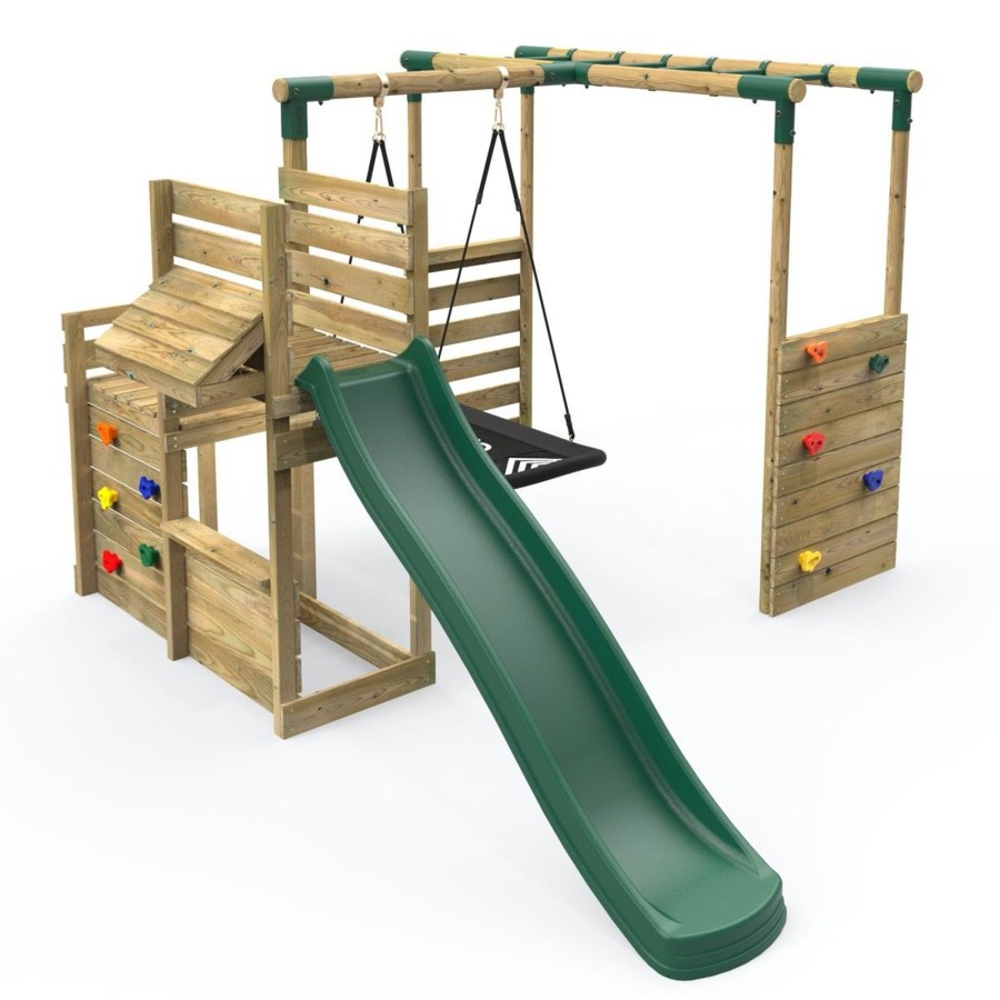 Swings OutdoorToys Wooden Swings | Rebo Wooden Swing Set Plus Deluxe Deck, 8Ft Slide & Monkey Bars - Boat Green