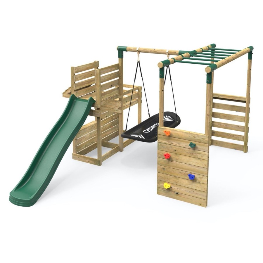 Swings OutdoorToys Wooden Swings | Rebo Wooden Swing Set Plus Deluxe Deck, 8Ft Slide & Monkey Bars - Boat Green