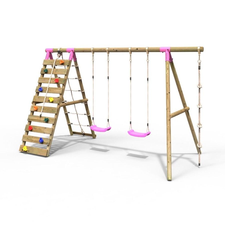 Swings OutdoorToys Wooden Swings | Rebo Wooden Swing Set With Up And Over Climbing Wall - Terra Pink