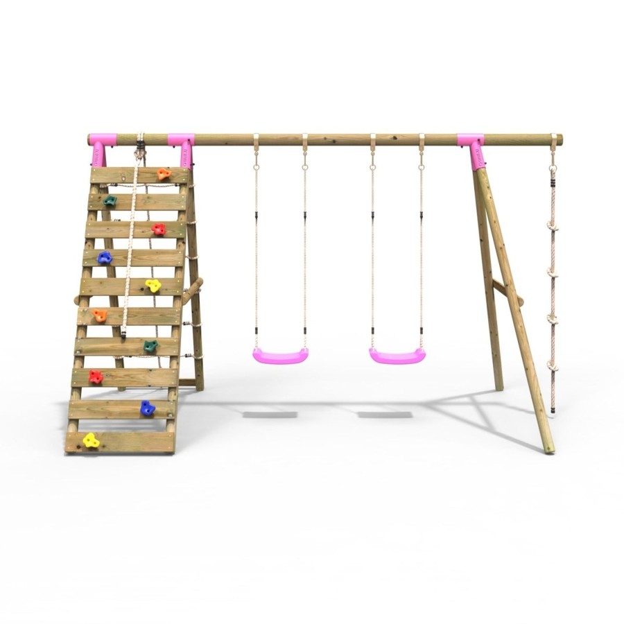 Swings OutdoorToys Wooden Swings | Rebo Wooden Swing Set With Up And Over Climbing Wall - Terra Pink