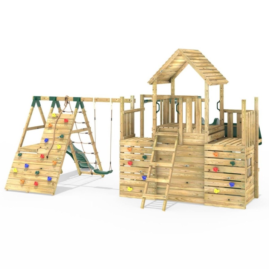 Climbing Frames OutdoorToys Climbing Frames With Rock Walls | Rebo Modular Wooden Climbing Frame Playset - M27 Single Swing, Monkey Bars & Den