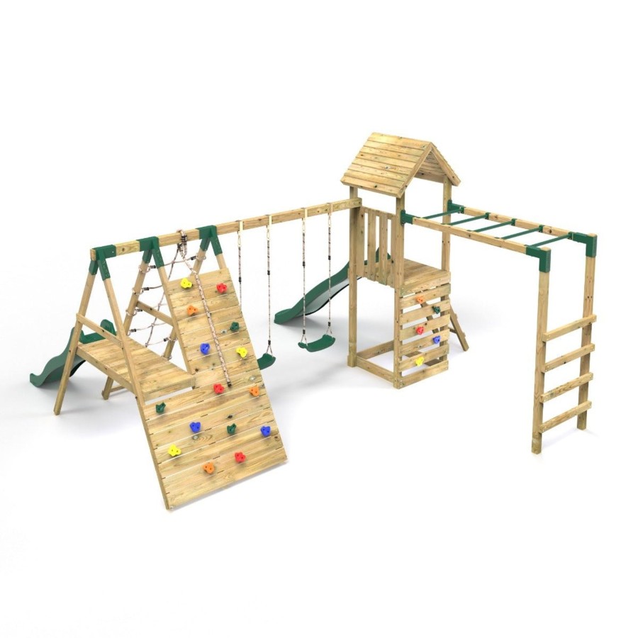 Climbing Frames OutdoorToys Climbing Frames With Rock Walls | Rebo Wooden Climbing Frame With Swings, 2 Slides, Up & Over Climbing Wall And Monkey Bars - Pennine