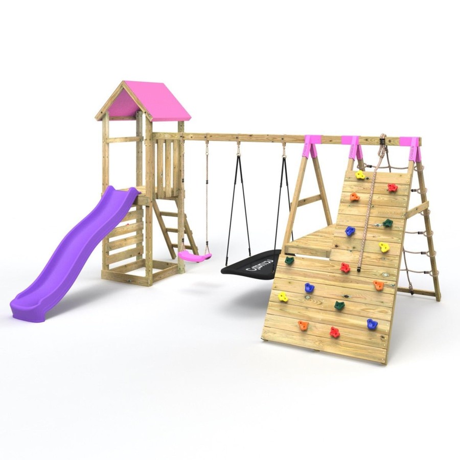 Climbing Frames OutdoorToys Climbing Frames With Rock Walls | Rebo Wooden Climbing Frame With Swings, 6+8Ft Slides & Climbing Wall - San Luis Pink