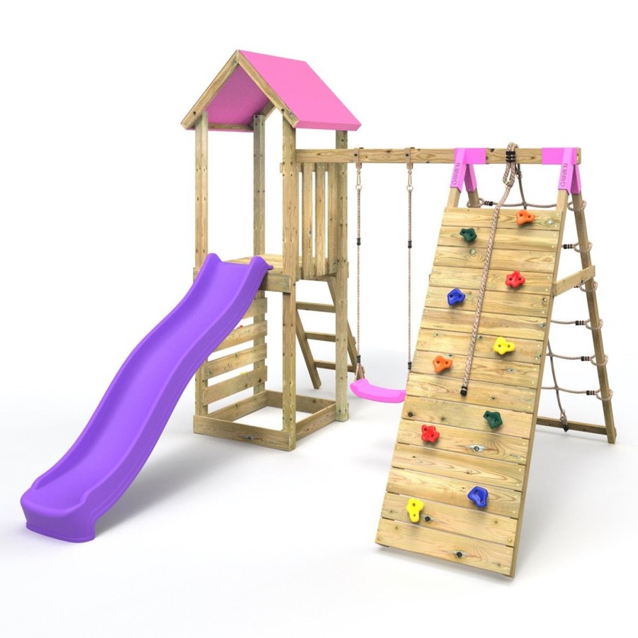 Climbing Frames OutdoorToys Climbing Frames With Rock Walls | Rebo Challenge Wooden Climbing Frame With Swings, Slide And Up & Over Climbing Wall - Bear Pink