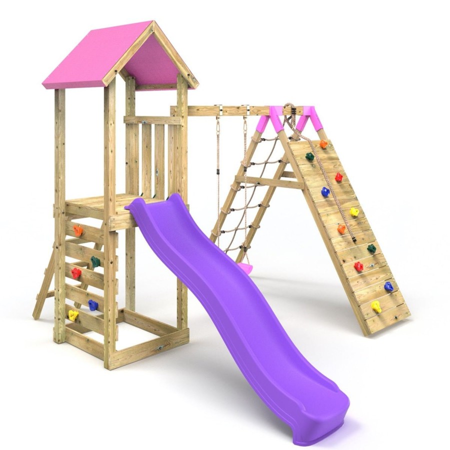 Climbing Frames OutdoorToys Climbing Frames With Rock Walls | Rebo Challenge Wooden Climbing Frame With Swings, Slide And Up & Over Climbing Wall - Bear Pink