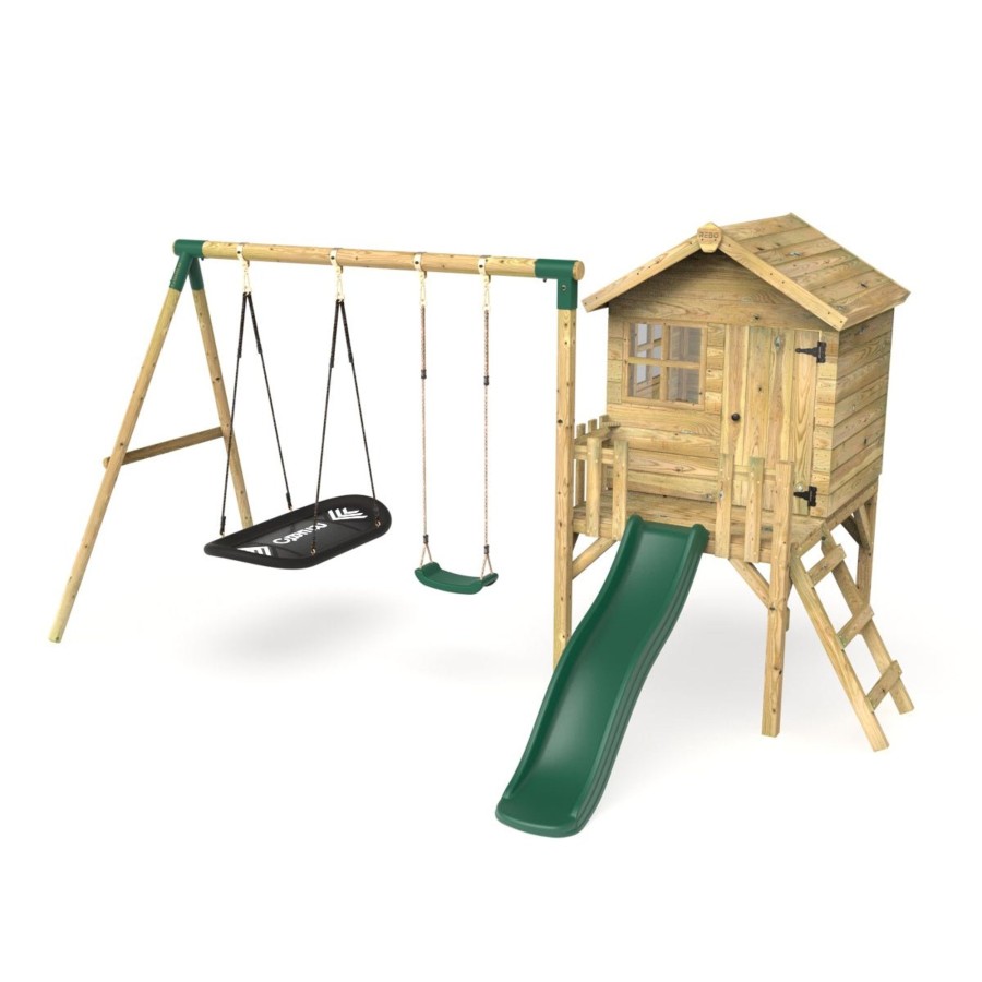 Playhouses OutdoorToys Playhouses With Slides And Swings | Rebo Orchard 4Ft X 4Ft Wooden Playhouse + Swings, 900Mm Deck & 6Ft Slide - Sage Green