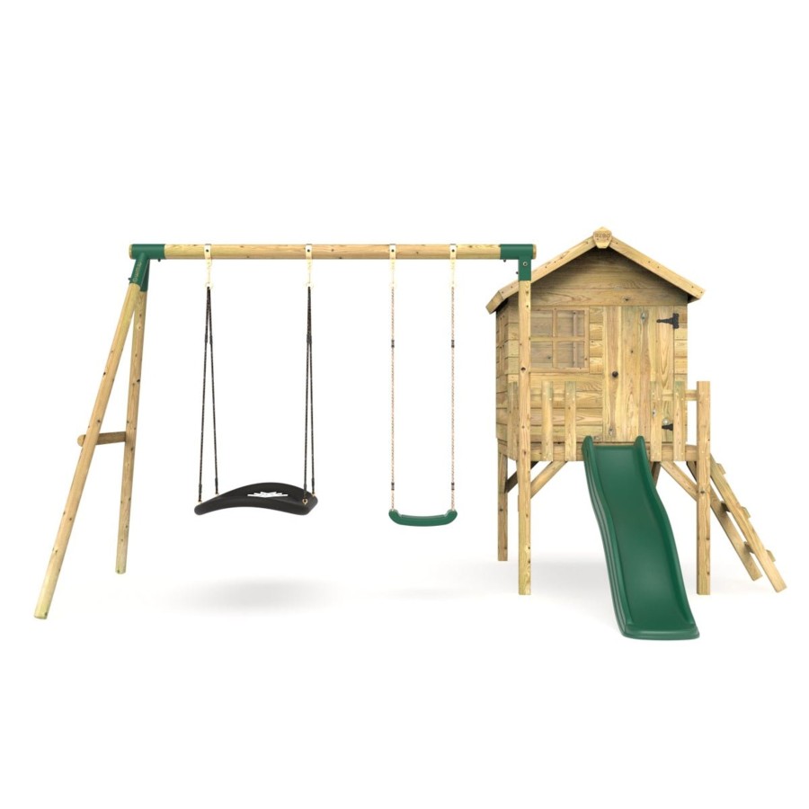 Playhouses OutdoorToys Playhouses With Slides And Swings | Rebo Orchard 4Ft X 4Ft Wooden Playhouse + Swings, 900Mm Deck & 6Ft Slide - Sage Green