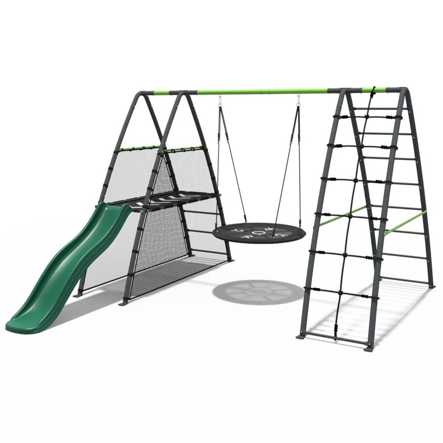 Swings OutdoorToys Metal Swing Sets | Rebo Steel Series Metal Swing Set + Up And Over Wall & 6Ft Slide - Nest Green