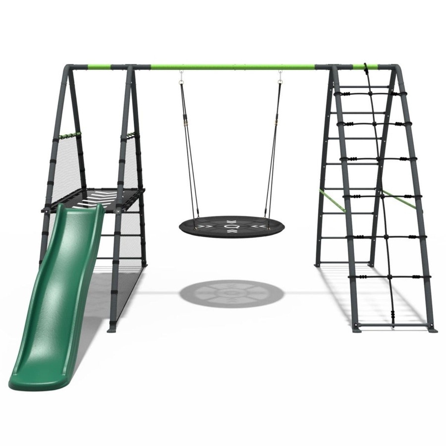 Swings OutdoorToys Metal Swing Sets | Rebo Steel Series Metal Swing Set + Up And Over Wall & 6Ft Slide - Nest Green