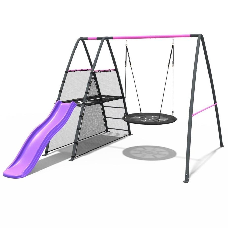 Swings OutdoorToys Metal Swing Sets | Rebo Steel Series Metal Swing Set With Slide Platform & 6Ft Slide - Nest Pink