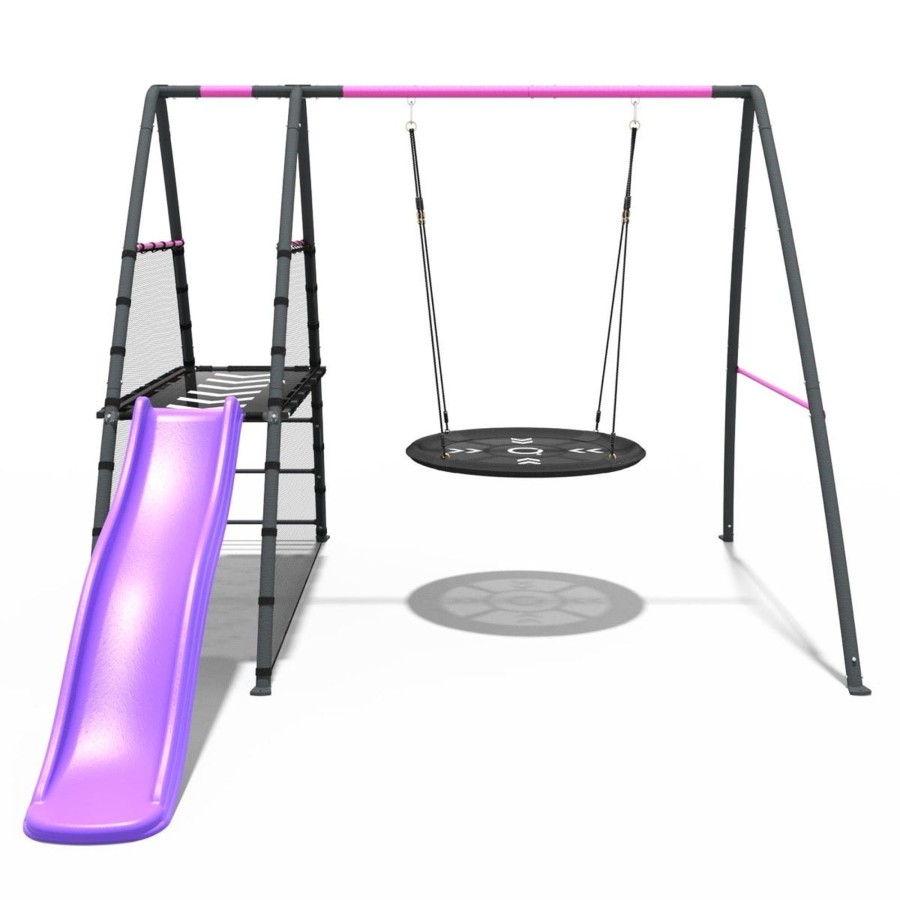 Swings OutdoorToys Metal Swing Sets | Rebo Steel Series Metal Swing Set With Slide Platform & 6Ft Slide - Nest Pink