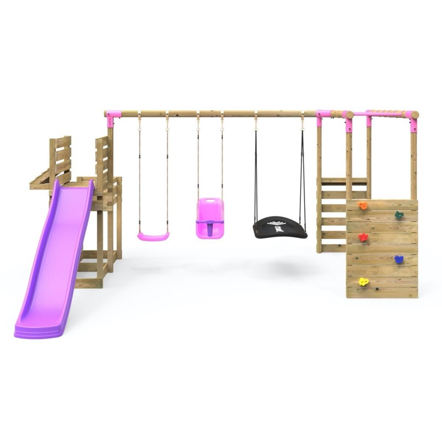 Swings OutdoorToys Wooden Swings | Rebo Wooden Swing Set Plus Deluxe Deck, 8Ft Slide & Monkey Bars - Halley Pink