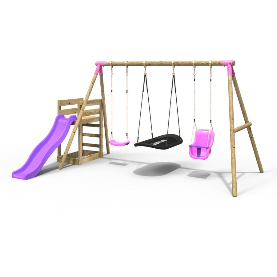 Swings OutdoorToys Wooden Swings | Rebo Wooden Swing Set Plus Deck & Slide - Halley Pink