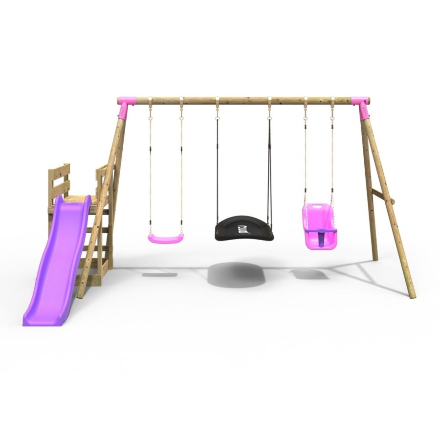 Swings OutdoorToys Wooden Swings | Rebo Wooden Swing Set Plus Deck & Slide - Halley Pink