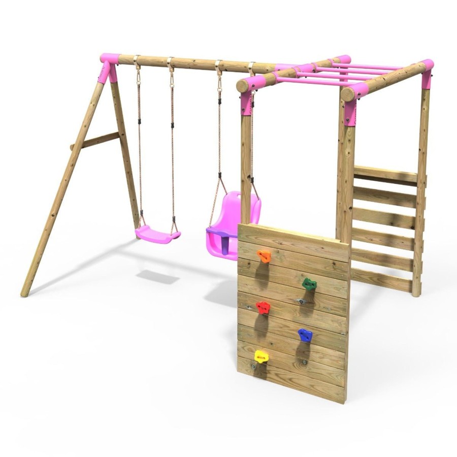 Swings OutdoorToys Wooden Swings | Rebo Wooden Garden Swing Set With Monkey Bars - Luna Pink