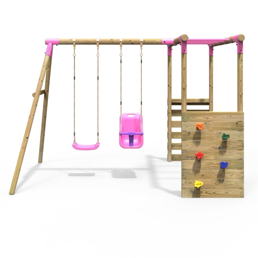 Swings OutdoorToys Wooden Swings | Rebo Wooden Garden Swing Set With Monkey Bars - Luna Pink