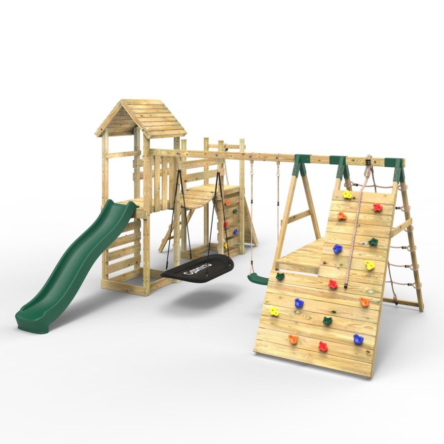 Climbing Frames OutdoorToys Climbing Frames With Rock Walls | Rebo Double Tower Climbing Frame With Flexible Bridge, Swing & Slide - San Luis