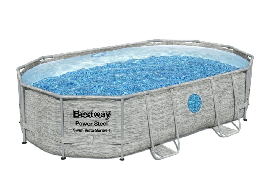 Swimming Pools OutdoorToys Steel Frame Pools | Bestway Power Steel Swim Vista Series 16Ft X 10Ft X 42In Oval Pool Set With Filter Pump Bw56946